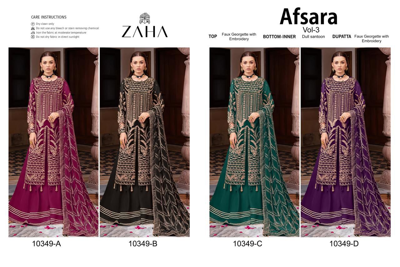 Afsara Vol 3 By Zaha Faux Georgette Pakistani Suits Wholesale Market In Surat

